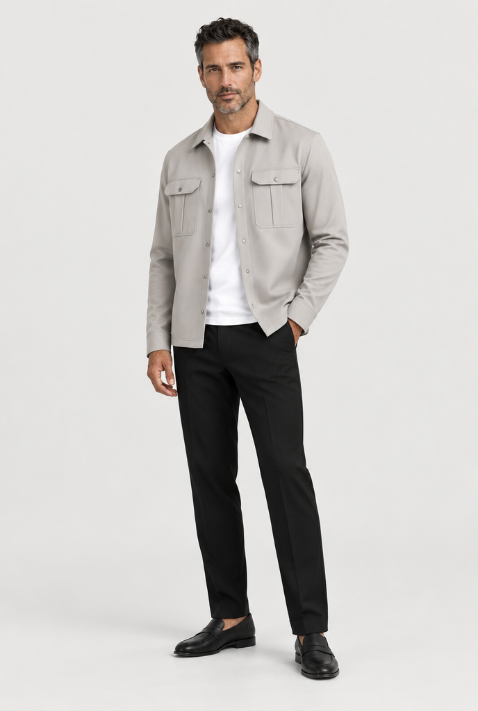 The Cargo Overshirt — Deep Stone — full-length studio look
