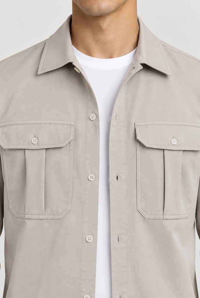 The Cargo Overshirt — Deep Stone — collar and pocket detail