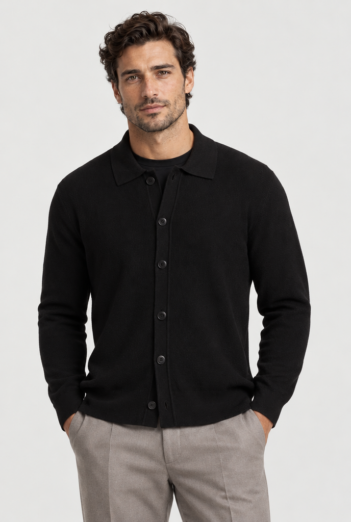 The Fine-Knit Cardigan — Black — front view