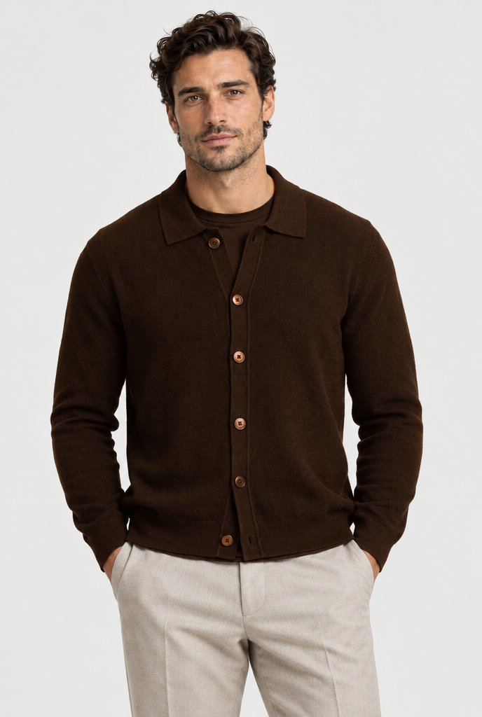 The Fine-Knit Cardigan — Dark Brown — front view