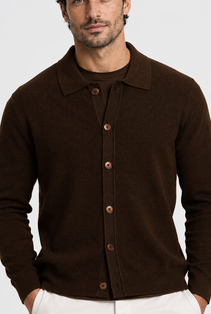 The Fine-Knit Cardigan — Dark Brown — detail