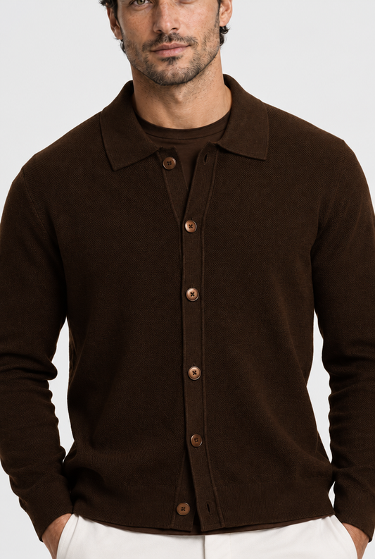 The Fine-Knit Cardigan — Dark Brown — detail