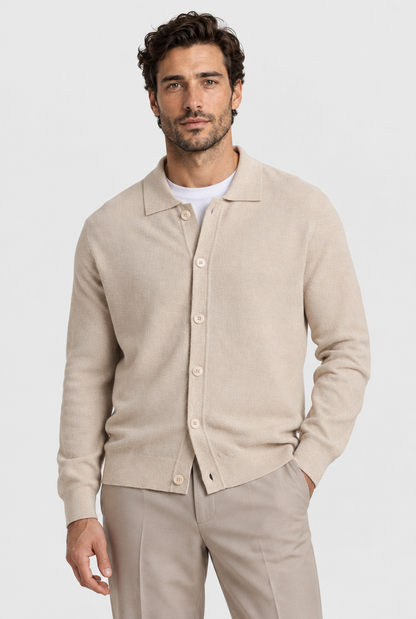 The Fine-Knit Cardigan — Light Beige — front view