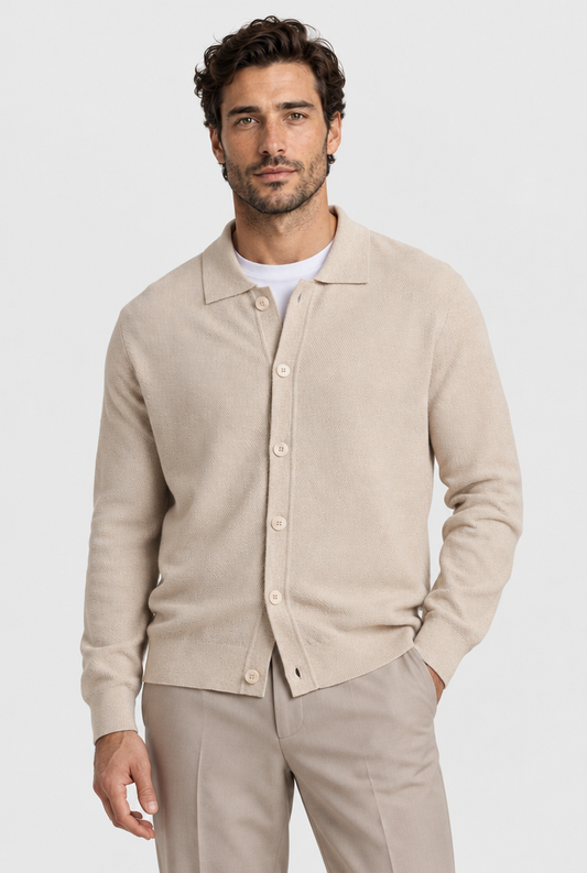 The Fine-Knit Cardigan — Light Beige — front view