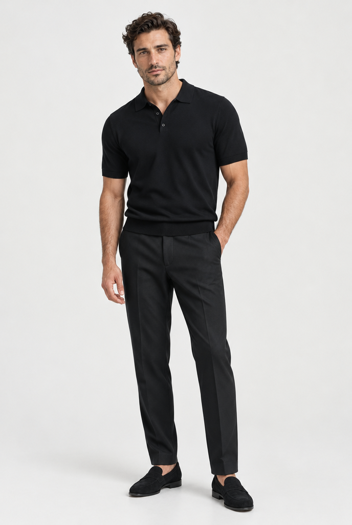 The Fine-Knit Polo — Black — full look
