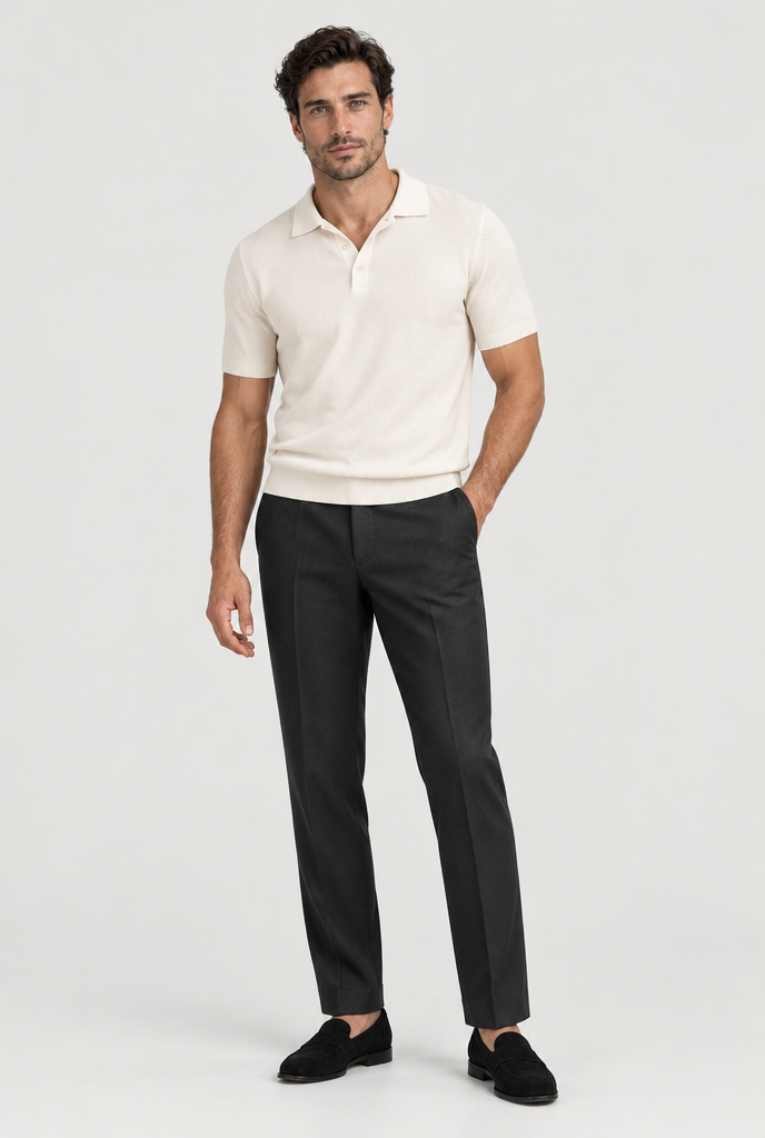 The Fine-Knit Polo — Oat Milk — full look