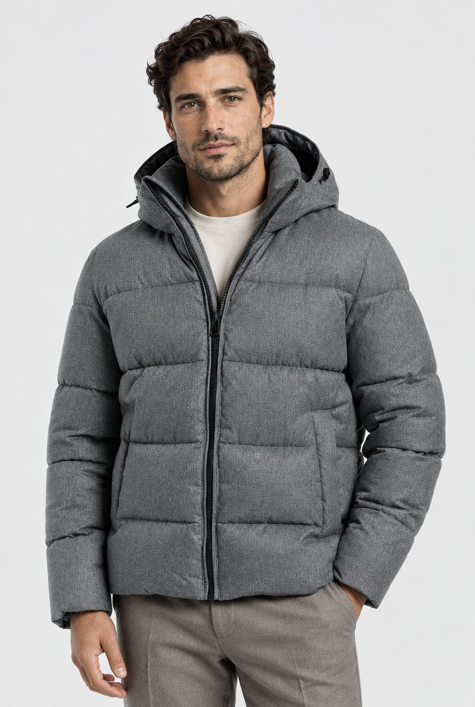 The Hooded Puffer — Storm Grey — front view