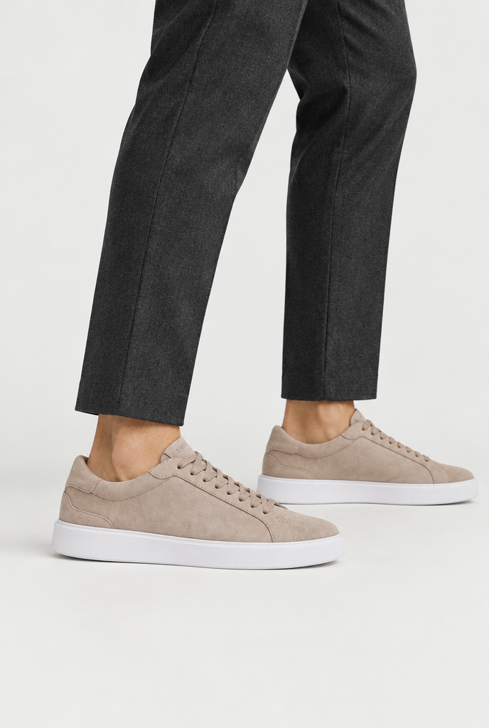 The Low-Profile Trainer — Taupe — alternate on-model shoe view