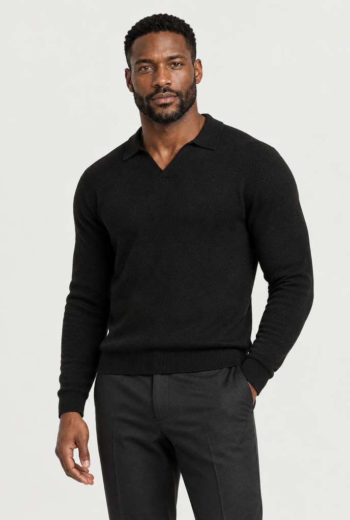 The Open-Knit Long-Sleeve Polo — Black — main view