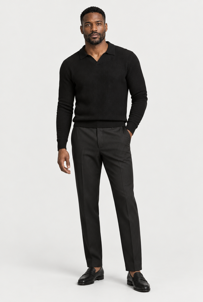 The Open-Knit Long-Sleeve Polo — Black — full look