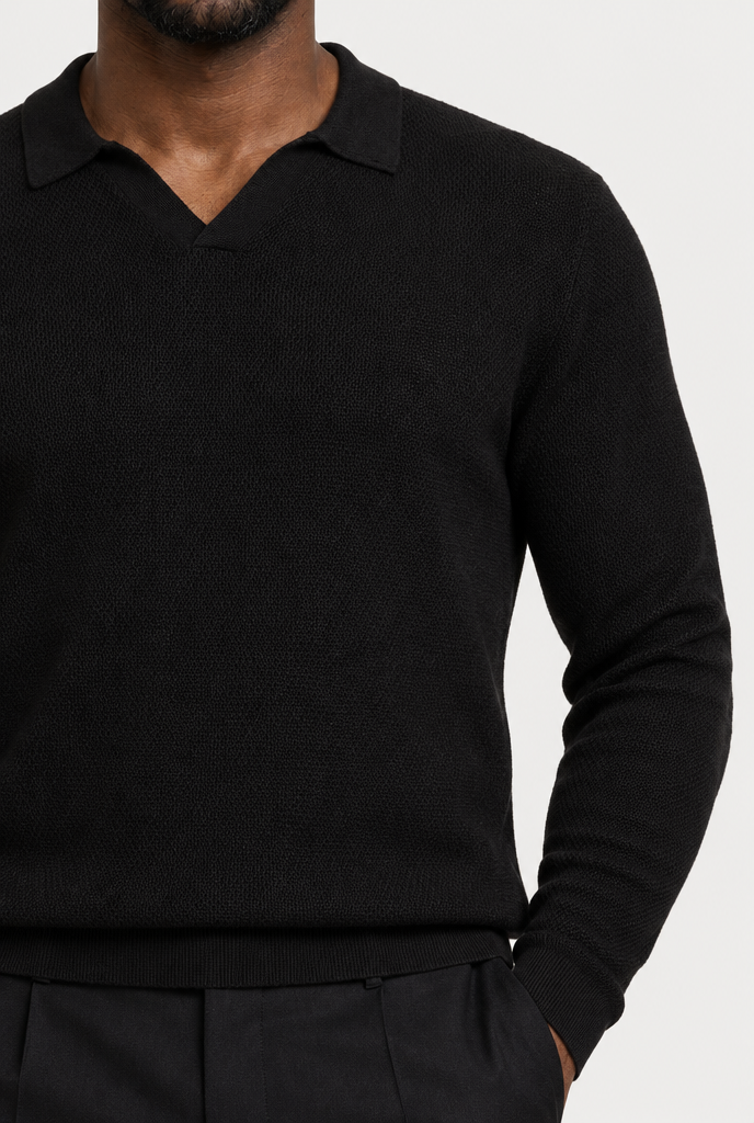 The Open-Knit Long-Sleeve Polo — Black — detail