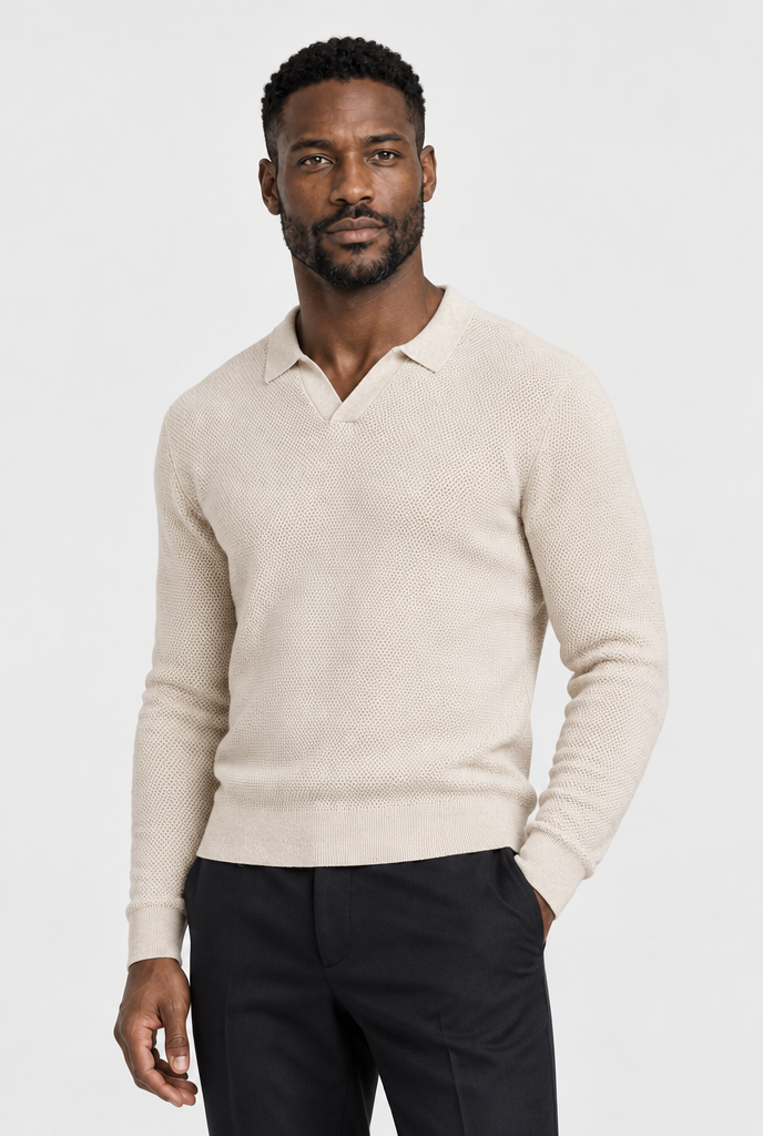 The Open-Knit Long-Sleeve Polo — Oat Milk — main view