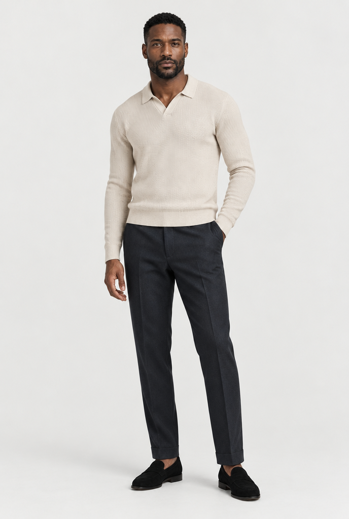 The Open-Knit Long-Sleeve Polo — Oat Milk — full look
