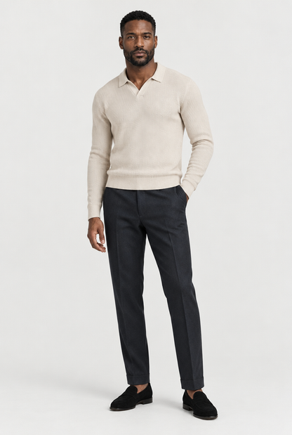 The Open-Knit Long-Sleeve Polo — Oat Milk — full look