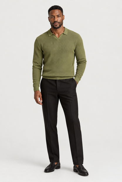The Open-Knit Long-Sleeve Polo — Olive Green — full look