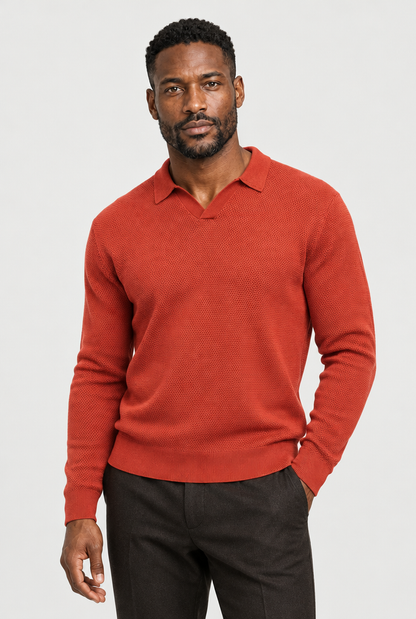 The Open-Knit Long-Sleeve Polo — Red Brick — main view