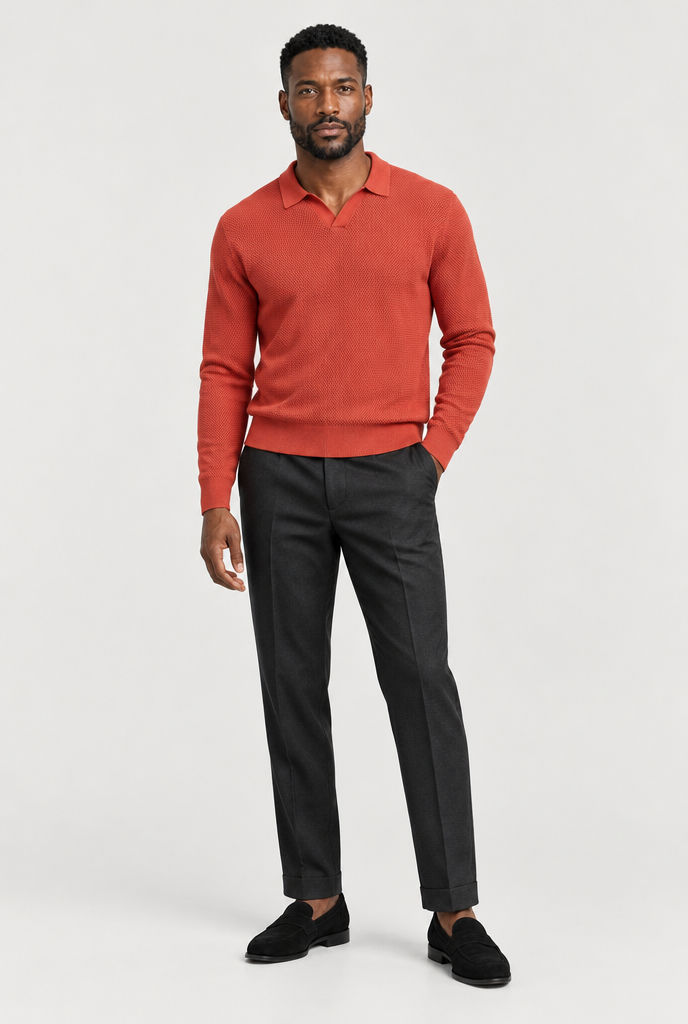 The Open-Knit Long-Sleeve Polo — Red Brick — full look