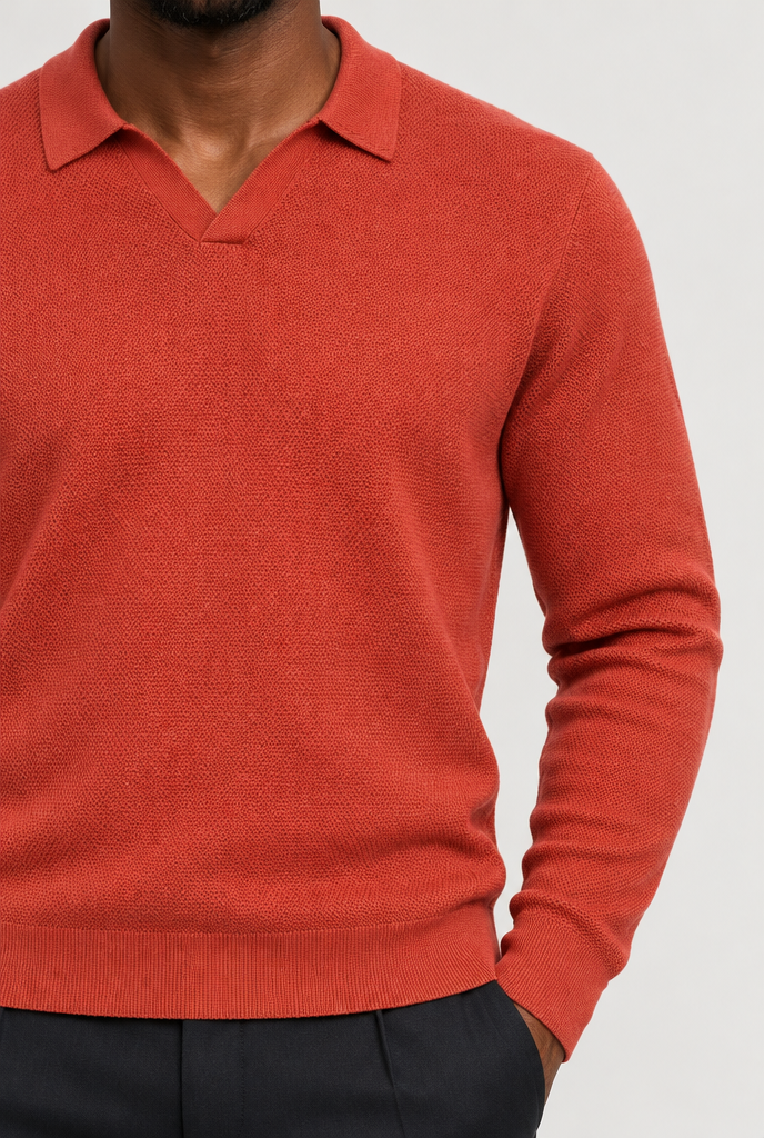 The Open-Knit Long-Sleeve Polo — Red Brick — detail
