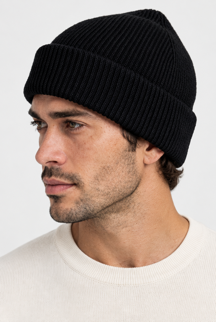 The Ribbed Beanie — Black, detail view