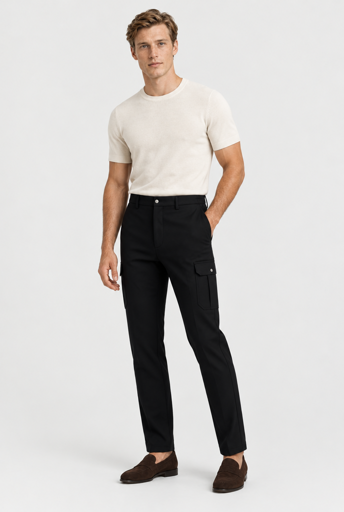 The Slim Cargo Trouser — Black — full look