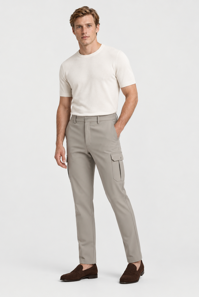 The Slim Cargo Trouser — Deep Stone — full look