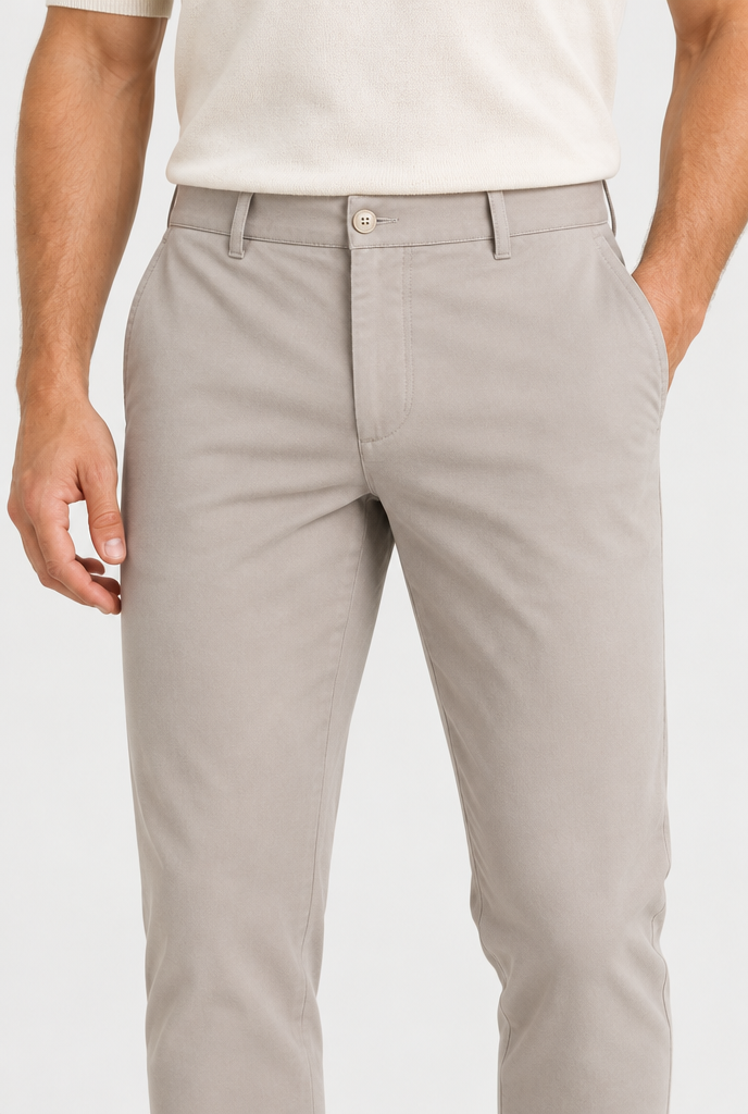 The Slim Chino — Deep Stone — waist and pocket detail