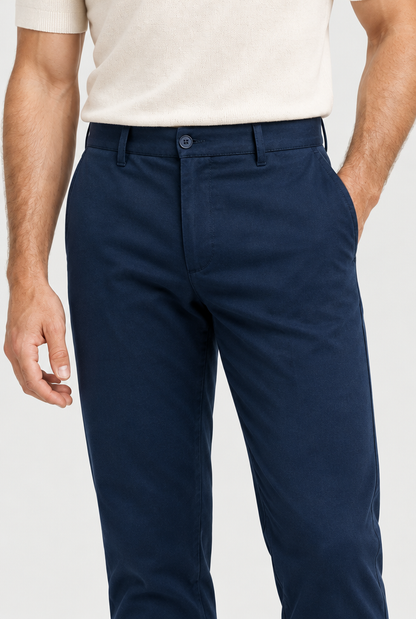 The Slim Chino — Navy Blue — waist and pocket detail