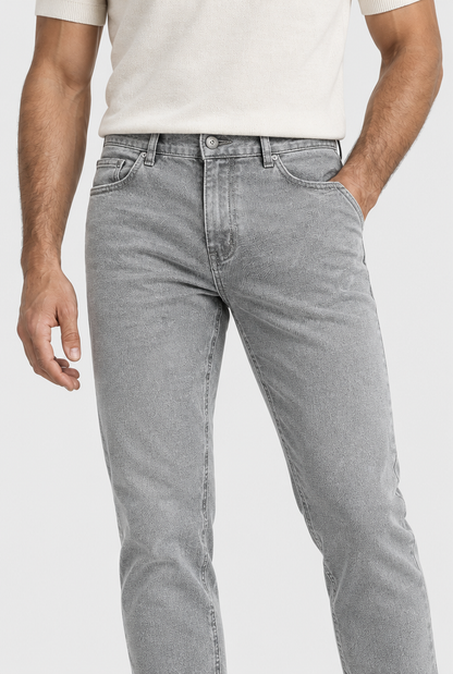 The Slim Jean — Light Grey — waist and pocket detail