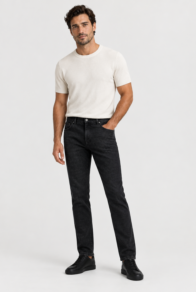 The Slim Jean — Midnight Black — full-length studio look