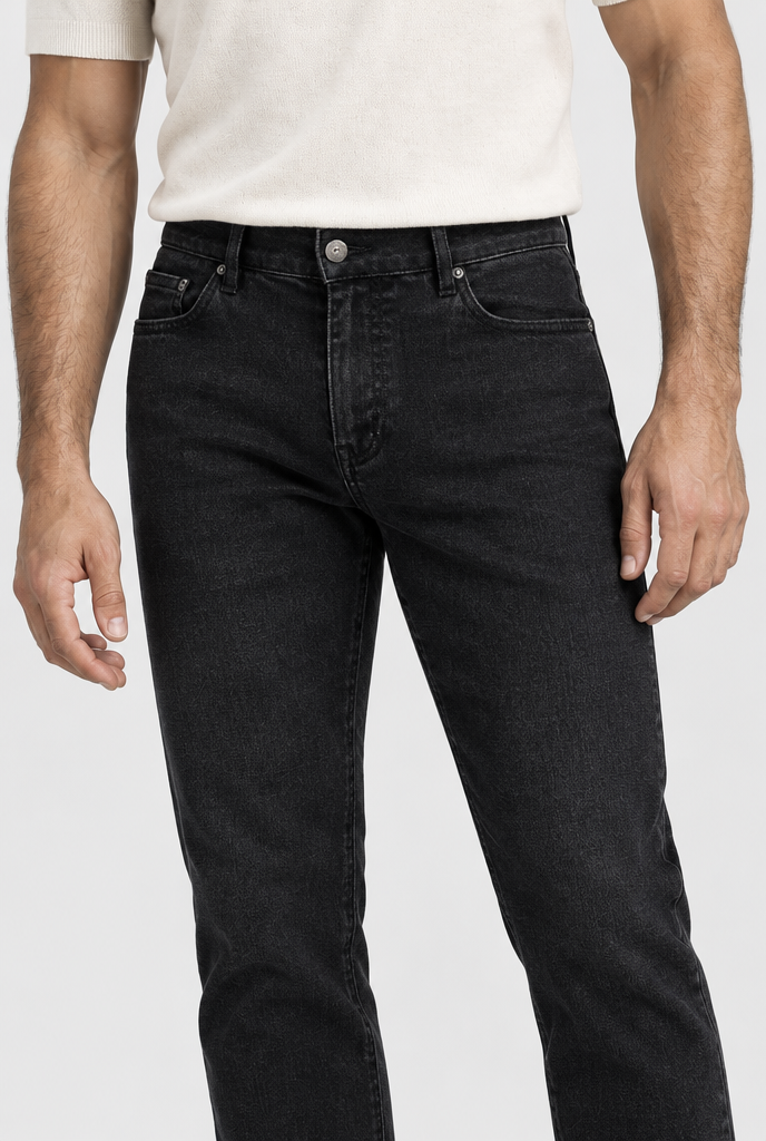 The Slim Jean — Midnight Black — waist and pocket detail