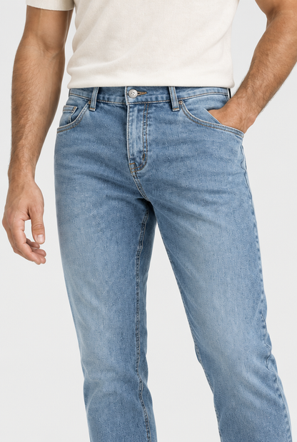 The Slim Jean — Pale Blue — waist and pocket detail