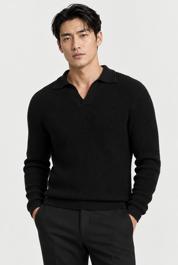 The Textured Long-Sleeve Polo — Black — main view