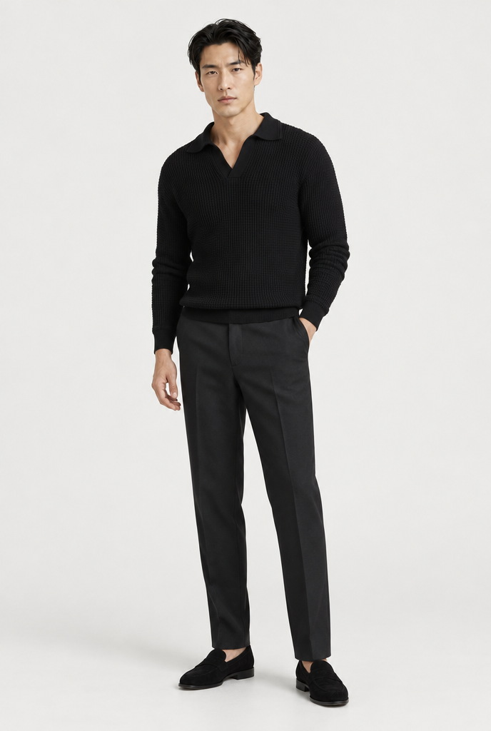 The Textured Long-Sleeve Polo — Black — full look