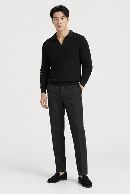The Textured Long-Sleeve Polo — Black — full look