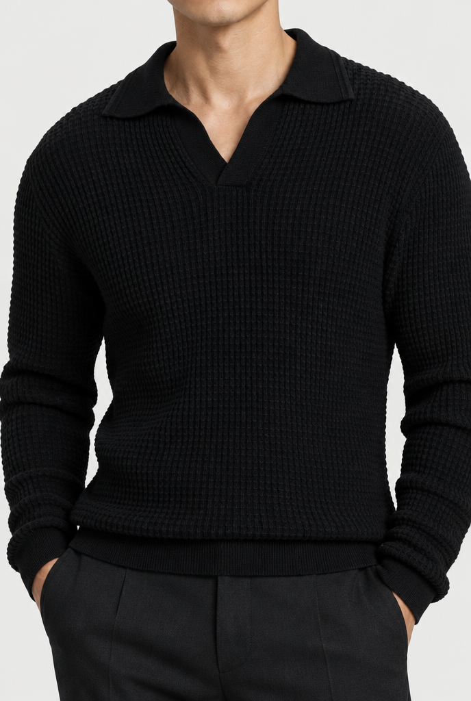 The Textured Long-Sleeve Polo — Black — detail