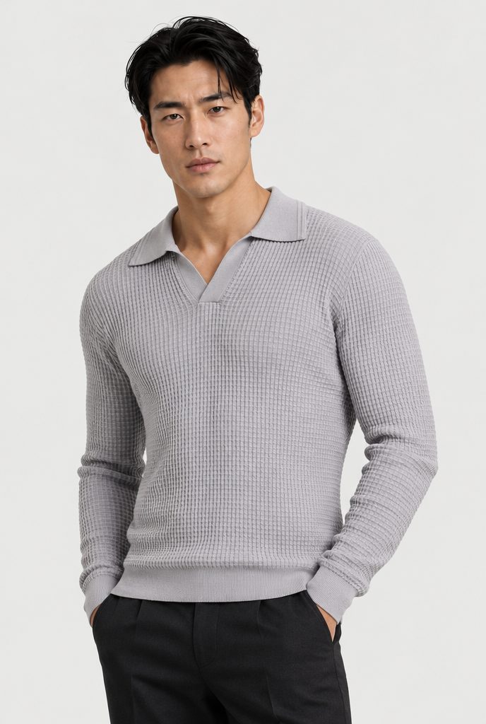 The Textured Long-Sleeve Polo — Grey — main view