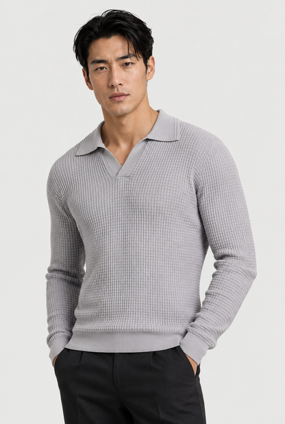 The Textured Long-Sleeve Polo — Grey — main view
