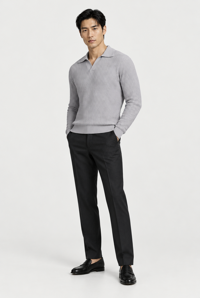 The Textured Long-Sleeve Polo — Grey — full look