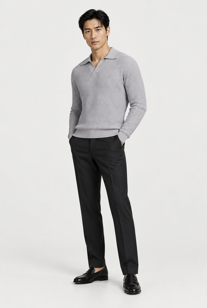 The Textured Long-Sleeve Polo — Grey — full look