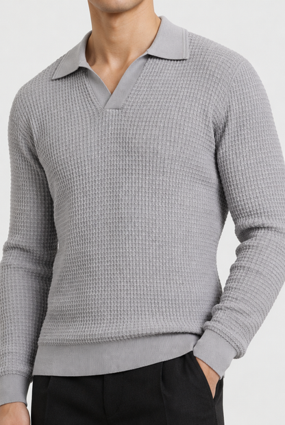 The Textured Long-Sleeve Polo — Grey — detail