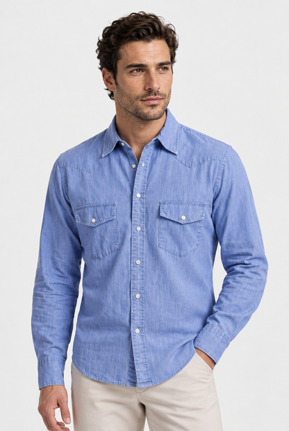 The Denim Shirt in Light Blue, front view
