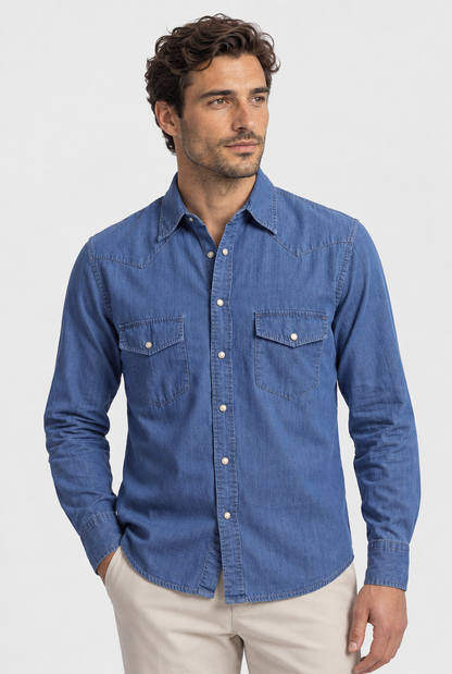 The Denim Shirt in Navy Blue, front view