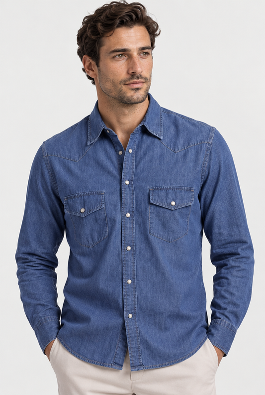The Denim Shirt in Navy Blue, garment detail