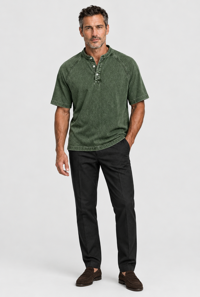 HEIRVALE The Washed Henley in Dark Green