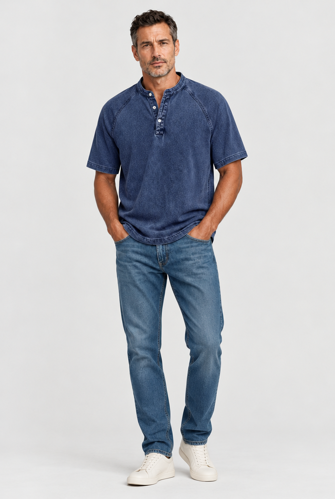 HEIRVALE The Washed Henley in Navy