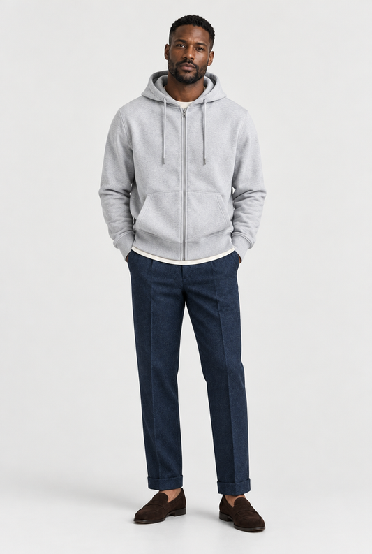 The Zip Hoodie — Grey Marl — full look