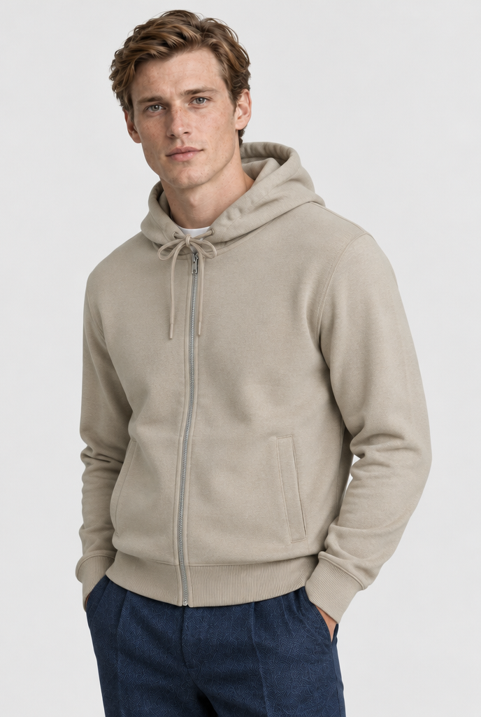The Zip Hoodie — Stone — product close-up