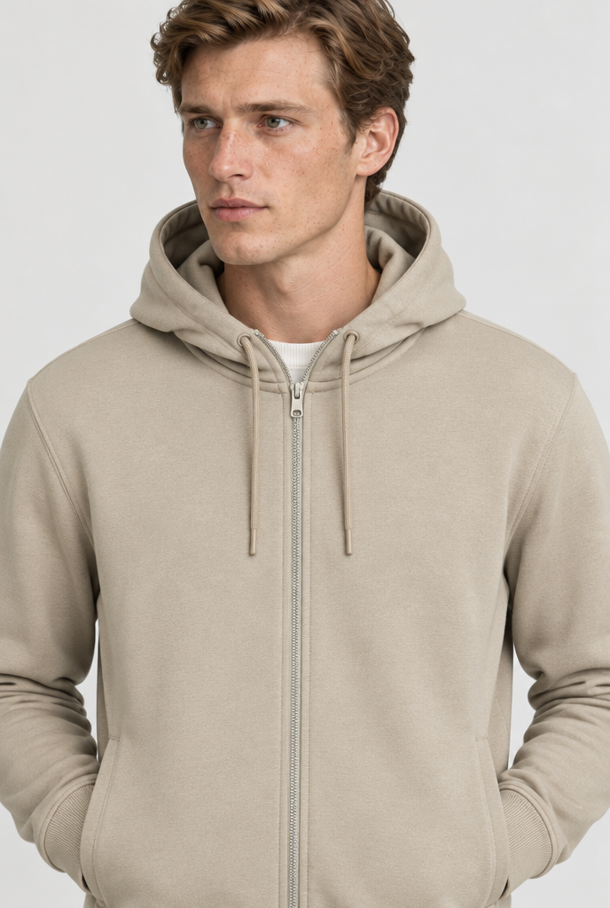 The Zip Hoodie — Stone — detail