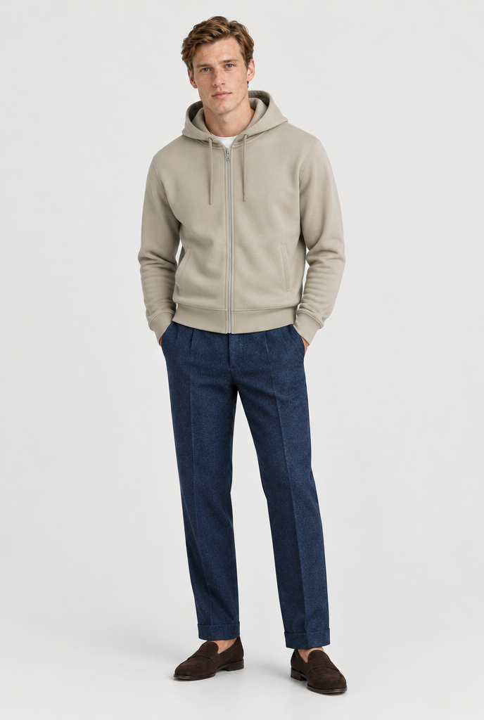 The Zip Hoodie — Stone — full look